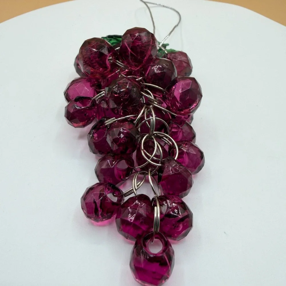 Grape Cluster Ornament Faceted Acrylic Beads Green Leaves Hanging Decor